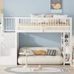 Okwish Lit mezzanine 90x200 cm - Lit ados avec clôture, penderie et étagères - Bois - Sans matelas - Blanc