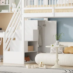 Okwish Lit mezzanine 90x200 cm - Lit ados avec clôture, penderie et étagères - Bois - Sans matelas - Blanc