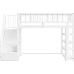 Okwish Lit mezzanine 90x200 cm - Lit ados avec clôture, penderie et étagères - Bois - Sans matelas - Blanc