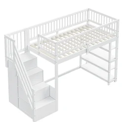 Okwish Lit mezzanine 90x200 cm - Lit ados avec clôture, penderie et étagères - Bois - Sans matelas - Blanc