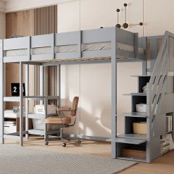 Okwish Lit mezzanine 90x200 cm - Lit avec rangement et étagère intégrée - Pin massif - Sans matelas - Gris New