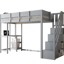 Okwish Lit mezzanine 90x200 cm - Lit avec rangement et étagère intégrée - Pin massif - Sans matelas - Gris New