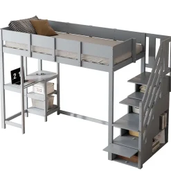 Okwish Lit mezzanine 90x200 cm - Lit avec rangement et étagère intégrée - Pin massif - Sans matelas - Gris New