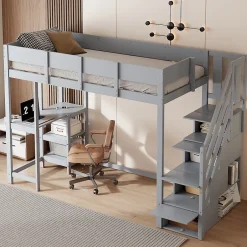 Okwish Lit mezzanine 90x200 cm - Lit avec rangement et étagère intégrée - Pin massif - Sans matelas - Gris New