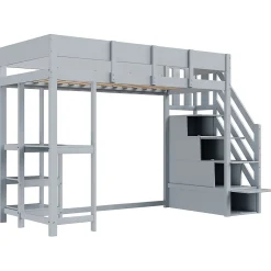 Okwish Lit mezzanine 90x200 cm - Lit avec rangement et étagère intégrée - Pin massif - Sans matelas - Gris New