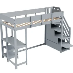 Okwish Lit mezzanine 90x200 cm - Lit avec rangement et étagère intégrée - Pin massif - Sans matelas - Gris New