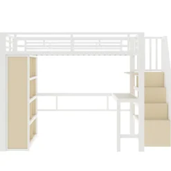 Okwish Lit Mezzanine 140x200 cm - Lit Ado avec Bureau Intégré, LED et Escalier de Rangement, Métal + MDF, Blanc Outlet