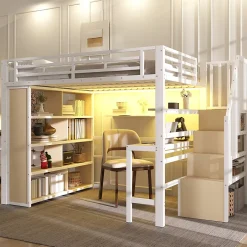 Okwish Lit Mezzanine 140x200 cm - Lit Ado avec Bureau Intégré, LED et Escalier de Rangement, Métal + MDF, Blanc Outlet