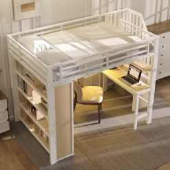 Okwish Lit Mezzanine 140x200 cm - Lit Ado avec Bureau Intégré, LED et Escalier de Rangement, Métal + MDF, Blanc Outlet