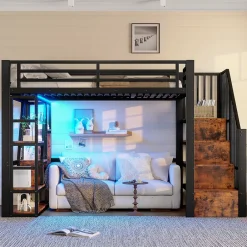 Okwish Lit Mezzanine 90x200 cm - Lit Ado Simple avec Escalier Intégré, LED et Rangement Sous le Lit - MDF et Métal - sans Matelas - Noir Discount