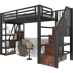 Okwish Lit Mezzanine 90x200 cm - Lit Ado Simple avec Escalier Intégré, LED et Rangement Sous le Lit - MDF et Métal - sans Matelas - Noir Discount