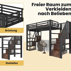 Okwish Lit Mezzanine 90x200 cm - Lit Ado Simple avec Escalier Intégré, LED et Rangement Sous le Lit - MDF et Métal - sans Matelas - Noir Discount
