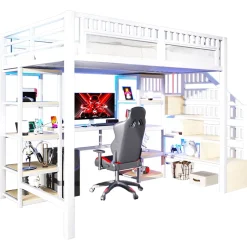 Okwish Lit Mezzanine 140x200 cm - Lit Ado Double avec Bureau, Escalier Rangement et LED - Métal et MDF - sans Matelas - Blanc