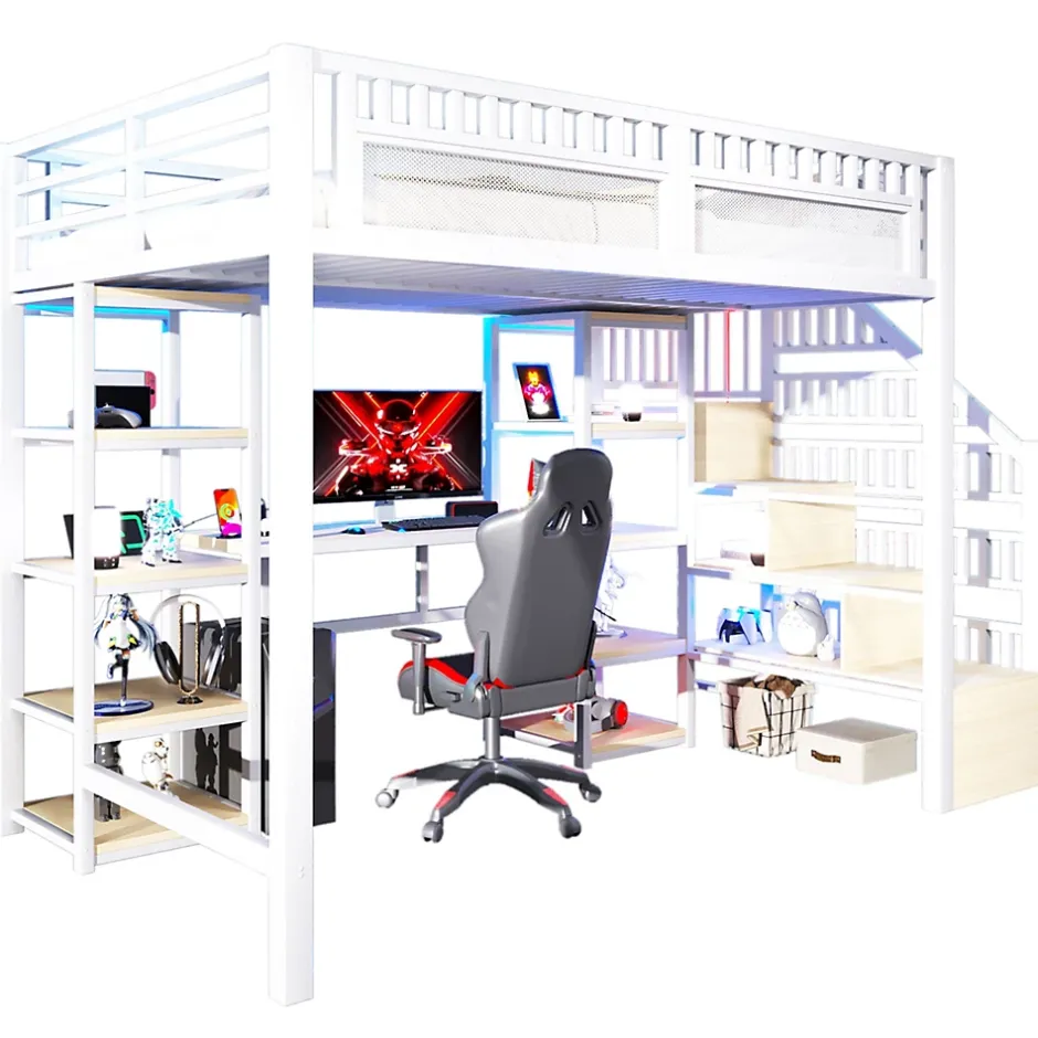 Okwish Lit Mezzanine 140x200 cm - Lit Ado Double avec Bureau, Escalier Rangement et LED - Métal et MDF - sans Matelas - Blanc