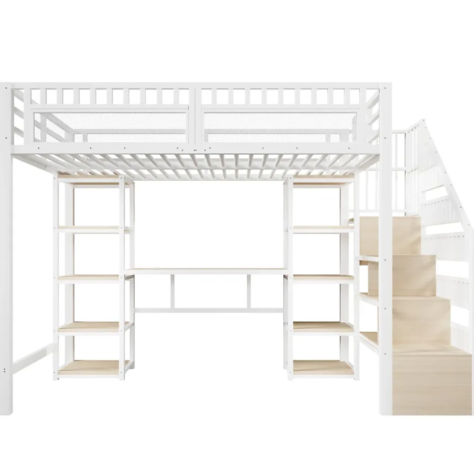 Okwish Lit Mezzanine 140x200 cm - Lit Ado Double avec Bureau, Escalier Rangement et LED - Métal et MDF - sans Matelas - Blanc