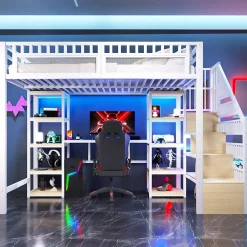 Okwish Lit Mezzanine 140x200 cm - Lit Ado Double avec Bureau, Escalier Rangement et LED - Métal et MDF - sans Matelas - Blanc