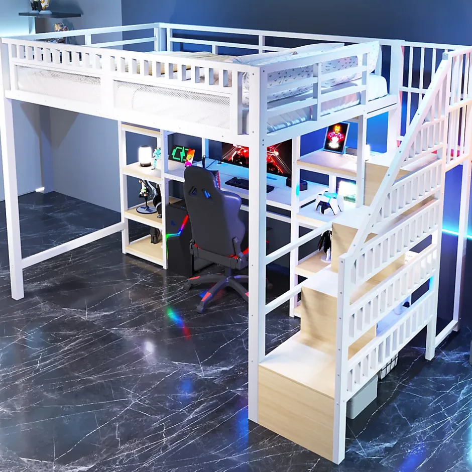 Okwish Lit Mezzanine 140x200 cm - Lit Ado Double avec Bureau, Escalier Rangement et LED - Métal et MDF - sans Matelas - Blanc