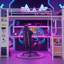 Okwish Lit Mezzanine 140x200 cm - Lit Ado avec Bureau Intégré, LED et Ports USB, Panneau Perforé et Rangement, Métal + MDF, Blanc