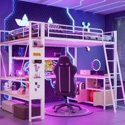 Okwish Lit Mezzanine 140x200 cm - Lit Ado avec Bureau Intégré, LED et Ports USB, Panneau Perforé et Rangement, Métal + MDF, Blanc