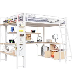 Okwish Lit Mezzanine 140x200 cm - Lit Ado avec Bureau Intégré, LED et Ports USB, Panneau Perforé et Rangement, Métal + MDF, Blanc