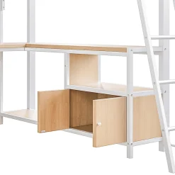 Okwish Lit Mezzanine 140x200 cm - Lit Ado avec Bureau Intégré, LED et Ports USB, Panneau Perforé et Rangement, Métal + MDF, Blanc
