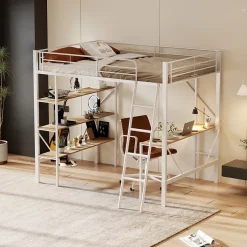 Okwish Lit mezzanine 90x200 cm - Lit avec bureau intégré - Structure métal - Sans matelas - Blanc Online