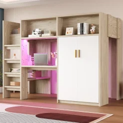Okwish Lit Mezzanine 90x200 cm - Lit Ado avec Bureau et Armoire Intégrés, Échelle et LED - Sommier Inclus - Sans Matelas - Bois Naturel Clearance