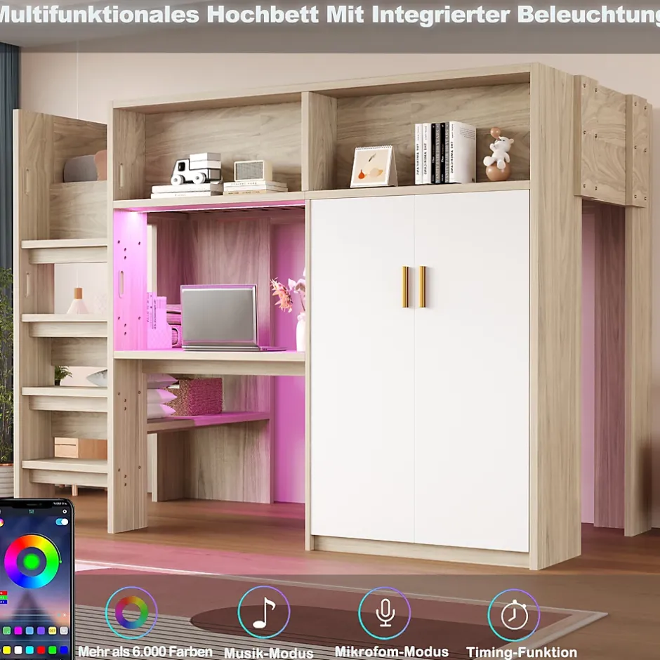 Okwish Lit Mezzanine 90x200 cm - Lit Ado avec Bureau et Armoire Intégrés, Échelle et LED - Sommier Inclus - Sans Matelas - Bois Naturel Clearance