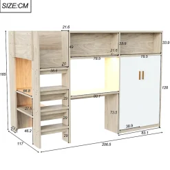 Okwish Lit Mezzanine 90x200 cm - Lit Ado avec Bureau et Armoire Intégrés, Échelle et LED - Sommier Inclus - Sans Matelas - Bois Naturel Clearance