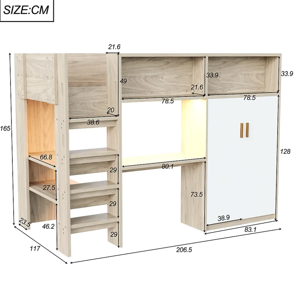 Okwish Lit Mezzanine 90x200 cm - Lit Ado avec Bureau et Armoire Intégrés, Échelle et LED - Sommier Inclus - Sans Matelas - Bois Naturel Clearance