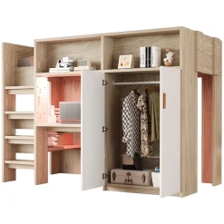 Okwish Lit Mezzanine 90x200 cm - Lit Ado avec Bureau et Armoire Intégrés, Échelle et LED - Sommier Inclus - Sans Matelas - Bois Naturel Clearance