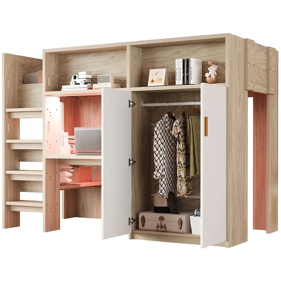 Okwish Lit Mezzanine 90x200 cm - Lit Ado avec Bureau et Armoire Intégrés, Échelle et LED - Sommier Inclus - Sans Matelas - Bois Naturel Clearance