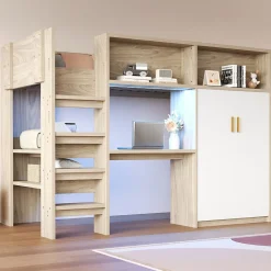 Okwish Lit Mezzanine 90x200 cm - Lit Ado avec Bureau et Armoire Intégrés, Échelle et LED - Sommier Inclus - Sans Matelas - Bois Naturel Clearance