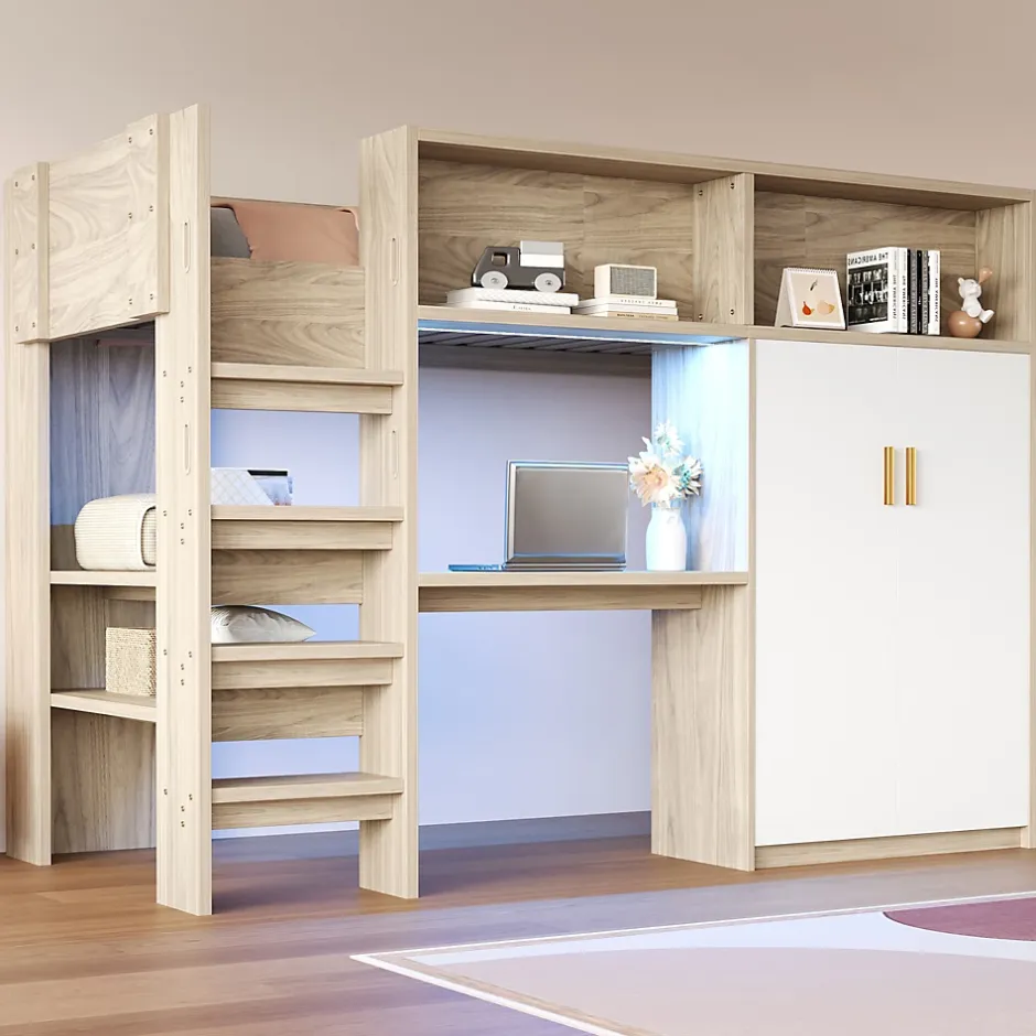 Okwish Lit Mezzanine 90x200 cm - Lit Ado avec Bureau et Armoire Intégrés, Échelle et LED - Sommier Inclus - Sans Matelas - Bois Naturel Clearance