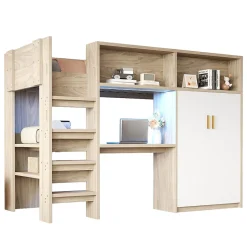 Okwish Lit Mezzanine 90x200 cm - Lit Ado avec Bureau et Armoire Intégrés, Échelle et LED - Sommier Inclus - Sans Matelas - Bois Naturel Clearance