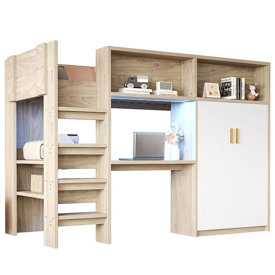 Okwish Lit Mezzanine 90x200 cm - Lit Ado avec Bureau et Armoire Intégrés, Échelle et LED - Sommier Inclus - Sans Matelas - Bois Naturel Clearance