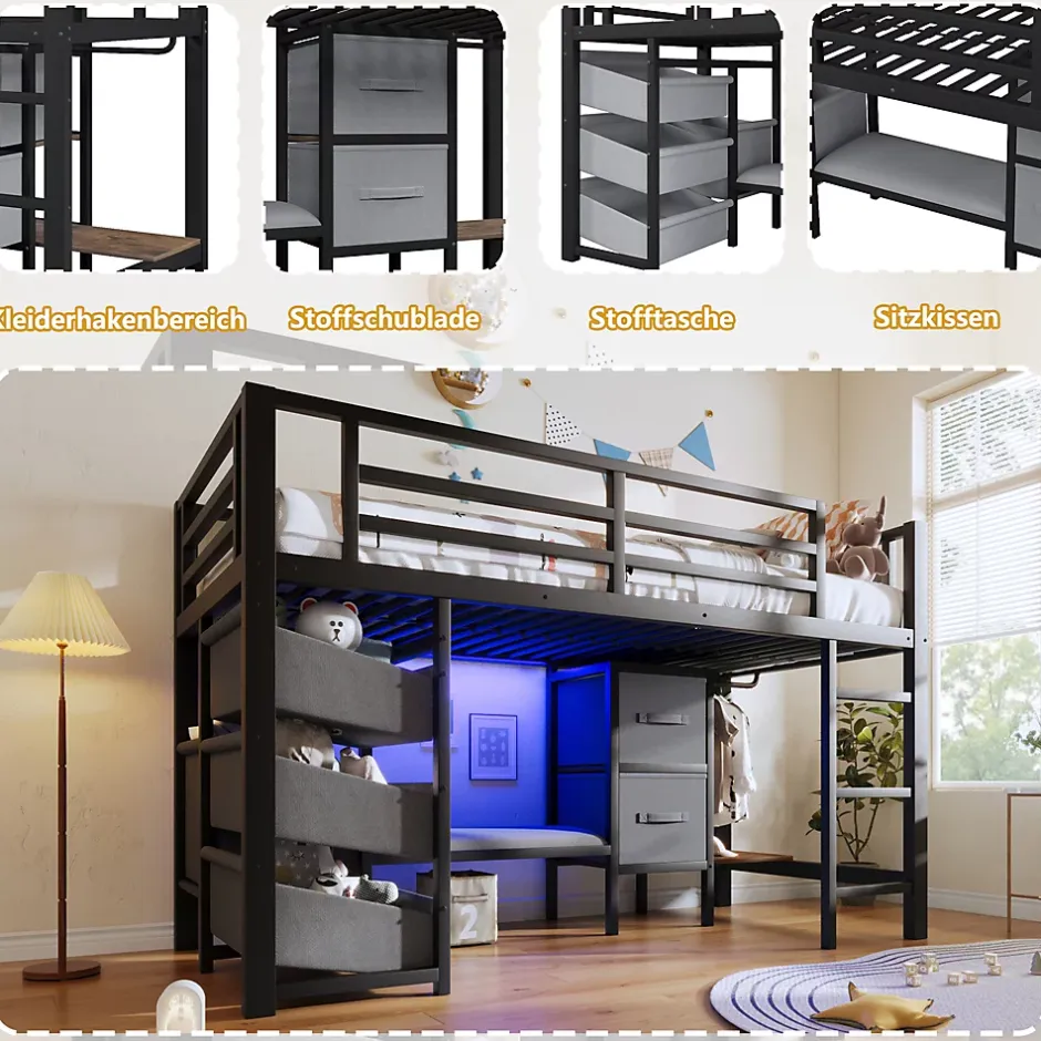 Okwish Lit Mezzanine 90x200 cm - Lit Ado avec LED Intégrée, Tiroirs en Tissu et Crochets pour Vêtements, en Métal - Sans Matelas Noir Best