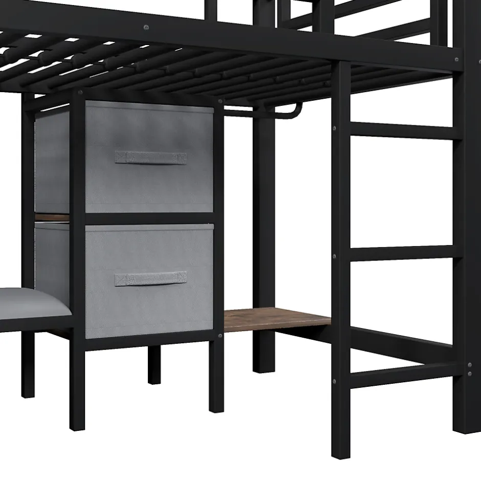 Okwish Lit Mezzanine 90x200 cm - Lit Ado avec LED Intégrée, Tiroirs en Tissu et Crochets pour Vêtements, en Métal - Sans Matelas Noir Best
