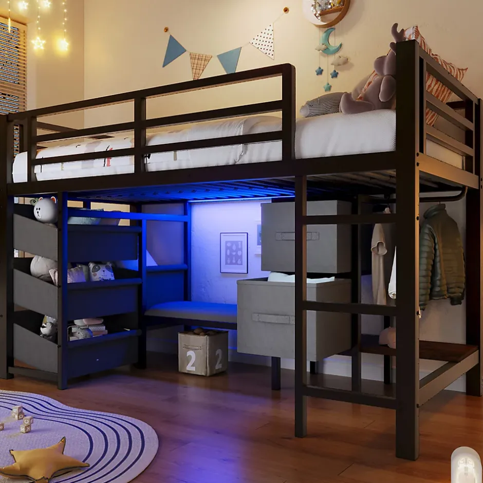 Okwish Lit Mezzanine 90x200 cm - Lit Ado avec LED Intégrée, Tiroirs en Tissu et Crochets pour Vêtements, en Métal - Sans Matelas Noir Best