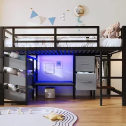 Okwish Lit Mezzanine 90x200 cm - Lit Ado avec LED Intégrée, Tiroirs en Tissu et Crochets pour Vêtements, en Métal - Sans Matelas Noir Best