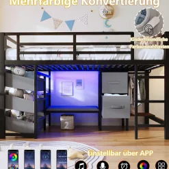 Okwish Lit Mezzanine 90x200 cm - Lit Ado avec LED Intégrée, Tiroirs en Tissu et Crochets pour Vêtements, en Métal - Sans Matelas Noir Best