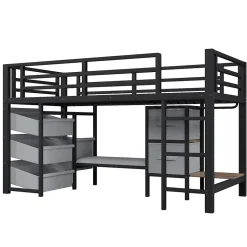 Okwish Lit Mezzanine 90x200 cm - Lit Ado avec LED Intégrée, Tiroirs en Tissu et Crochets pour Vêtements, en Métal - Sans Matelas Noir Best