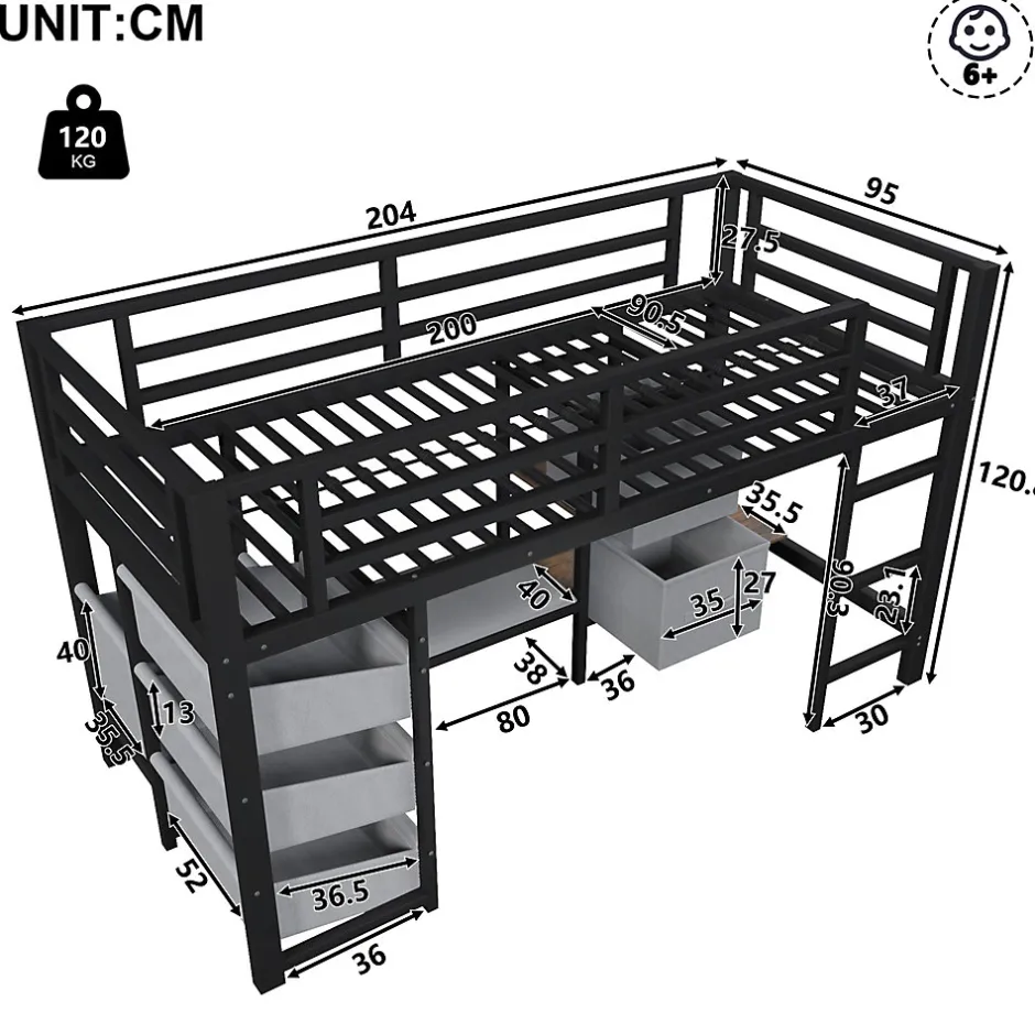 Okwish Lit Mezzanine 90x200 cm - Lit Ado avec LED Intégrée, Tiroirs en Tissu et Crochets pour Vêtements, en Métal - Sans Matelas Noir Best