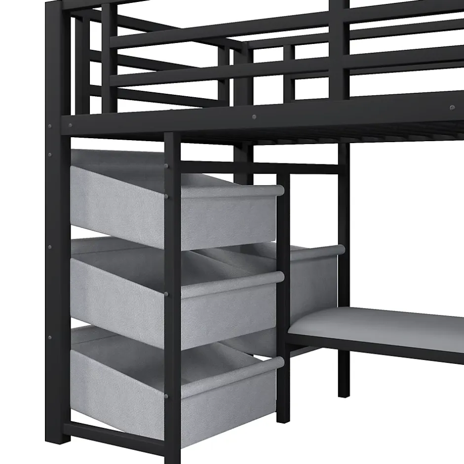 Okwish Lit Mezzanine 90x200 cm - Lit Ado avec LED Intégrée, Tiroirs en Tissu et Crochets pour Vêtements, en Métal - Sans Matelas Noir Best