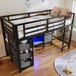 Okwish Lit Mezzanine 90x200 cm - Lit Ado avec LED Intégrée, Tiroirs en Tissu et Crochets pour Vêtements, en Métal - Sans Matelas Noir Best
