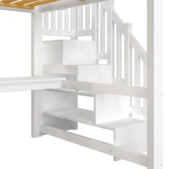 Okwish Lit Mezzanine 140x200 cm - Lit Adulte avec Bureau et Armoire, Escalier de Rangement, LED et USB - sans Matelas - Blanc Hot