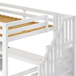 Okwish Lit Mezzanine 140x200 cm - Lit Adulte avec Bureau et Armoire, Escalier de Rangement, LED et USB - sans Matelas - Blanc Hot