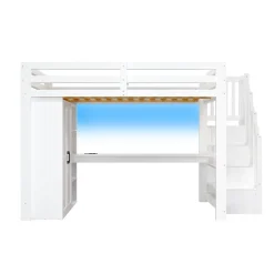 Okwish Lit Mezzanine 140x200 cm - Lit Adulte avec Bureau et Armoire, Escalier de Rangement, LED et USB - sans Matelas - Blanc Hot
