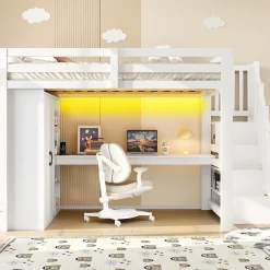 Okwish Lit Mezzanine 140x200 cm - Lit Adulte avec Bureau et Armoire, Escalier de Rangement, LED et USB - sans Matelas - Blanc Hot