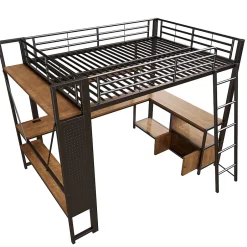 Okwish Lit Mezzanine 140x200 cm - Lit Ado avec Bureau Intégré, LED et Ports USB, Panneau Perforé et Rangement, Métal + MDF, Noir New